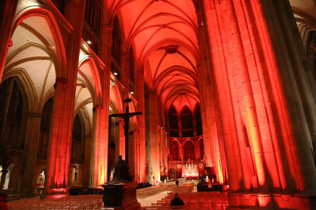 Der Regensburger Dom rot beleuchtet am Red Wednesday 2022